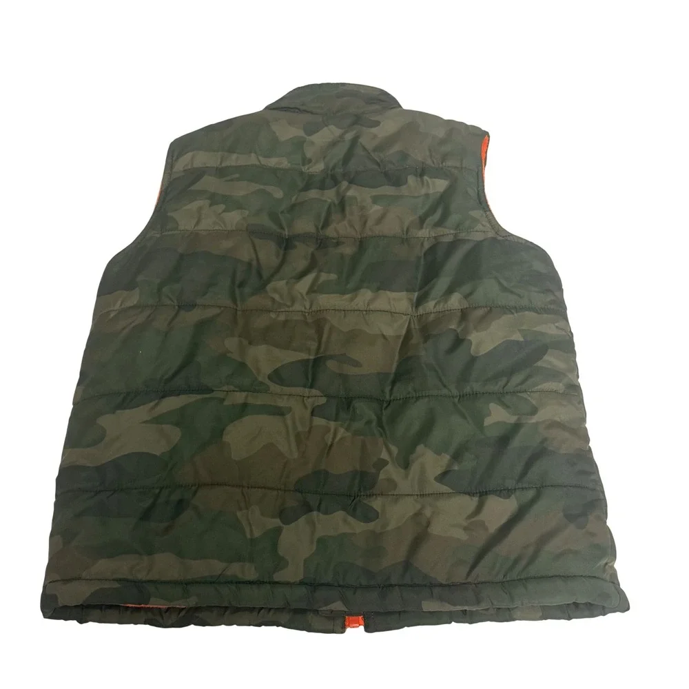 The Childrens Place Boys Camo Puffer Vest Green Orange Fleece Lined XS 4 Zip Up